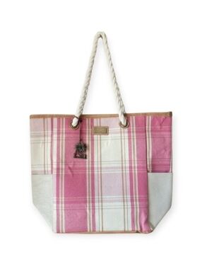 Sun n Sand Beach tote in pink and cream plaid rope handle large
